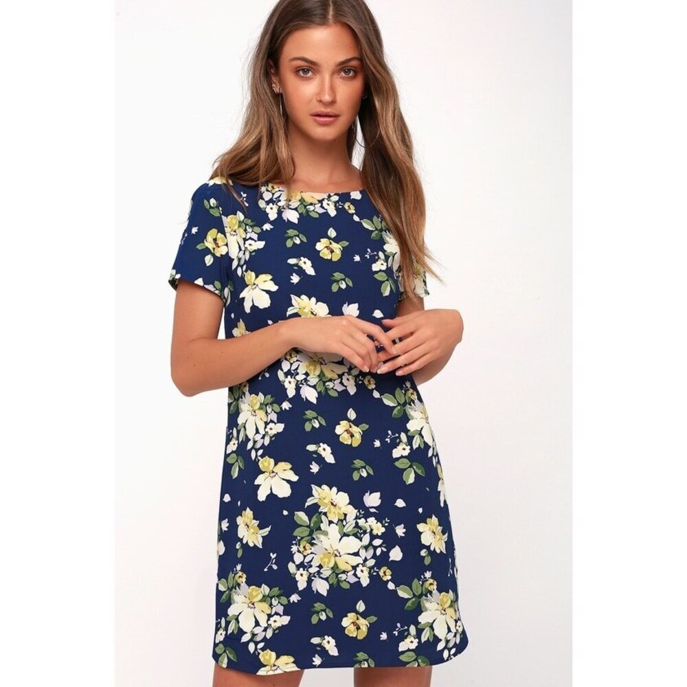 Lulus Floriana Navy Blue Floral Print Shift Dress - Size Small